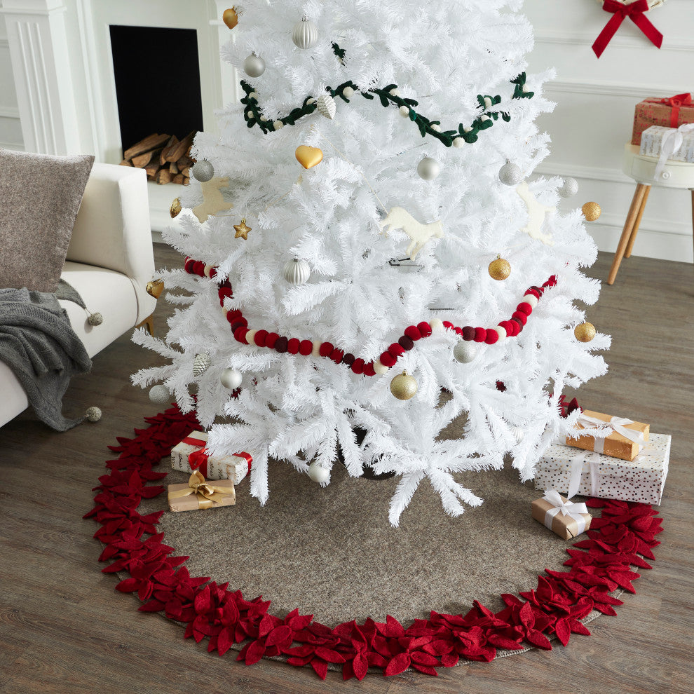 Overlapping flowers tree skirt- grey With maroon flowers-60" hand felted wool