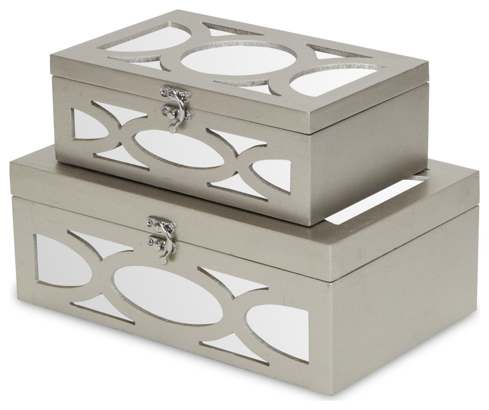 Set of Two Tan Oval Scroll Mirror Jewelry Storage Boxes