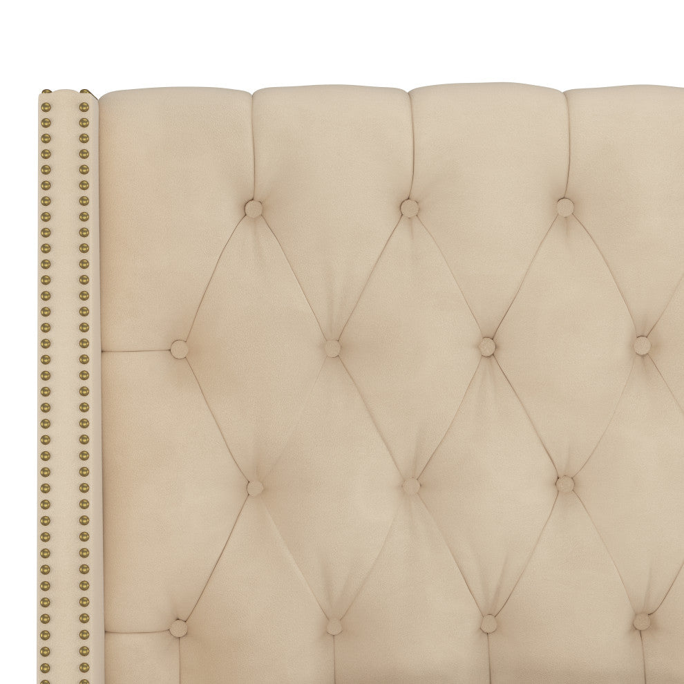 Williams King Nail Button Tufted Wingback Headboard, Velvet Pearl