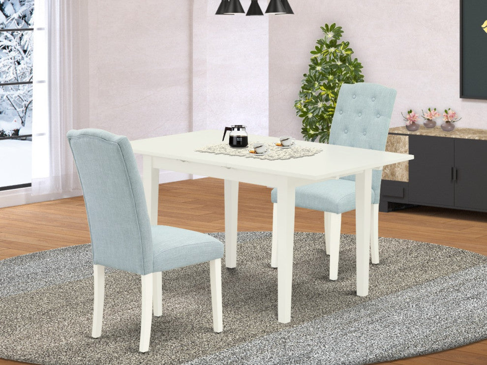 3Pc Dining Set, 2 Upholstered Chairs, Butterfly Leaf Dining Table, Linen White