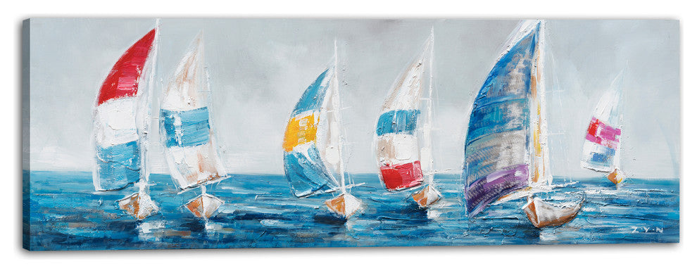"Colorful Sailboats I" Hand Painted Canvas Art, 60"x20"