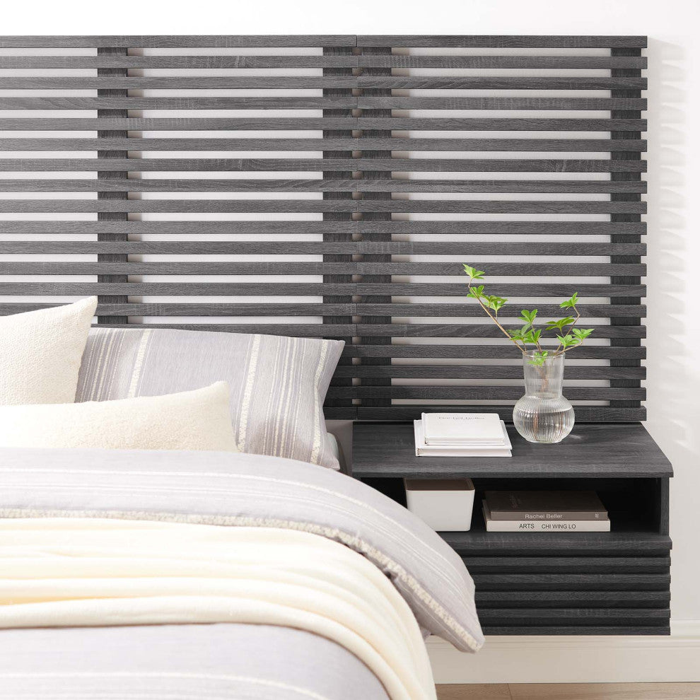 Render Wall Mount Twin Headboard and Modern Nightstands, Charcoal