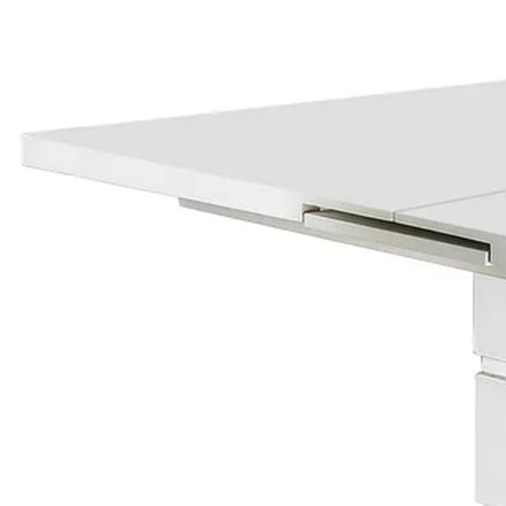 Benzara BM207714 Extendable Dining Table With Metal Base, White and Silver