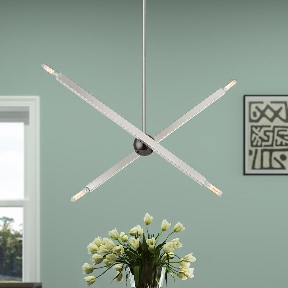 Livex Lighting Monaco 4-Light Linear Chandelier, Brushed Nickel/Black Chrome