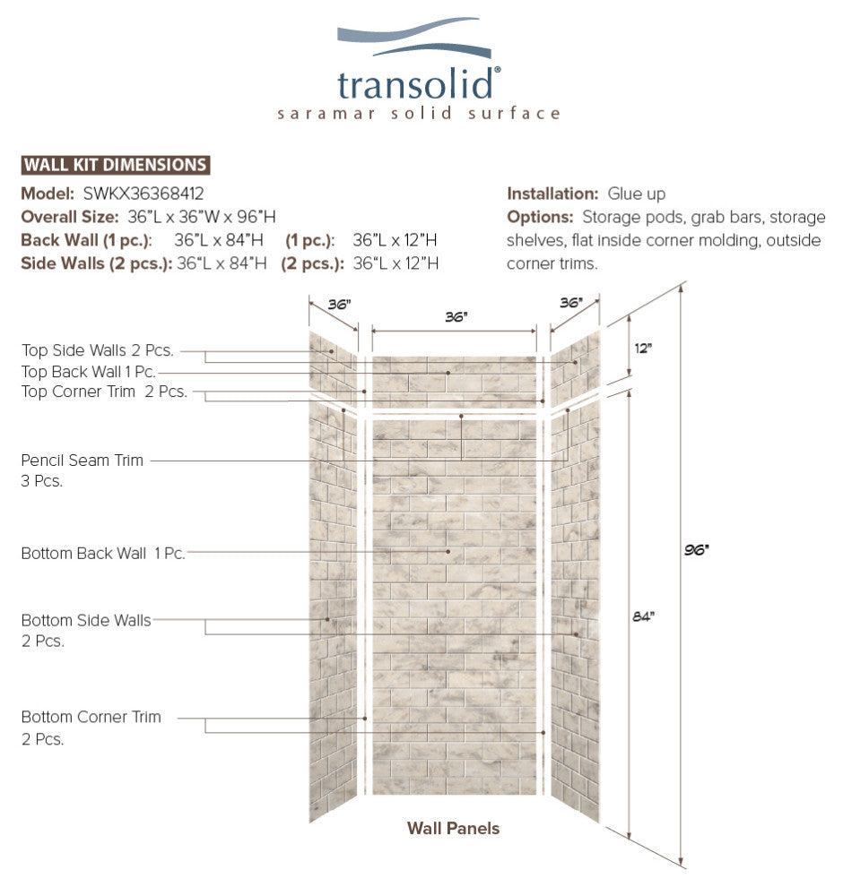 Transolid SaraMar 36"x36"x96" 6-Piece Shower Wall Kit with Extension, Sand Creme