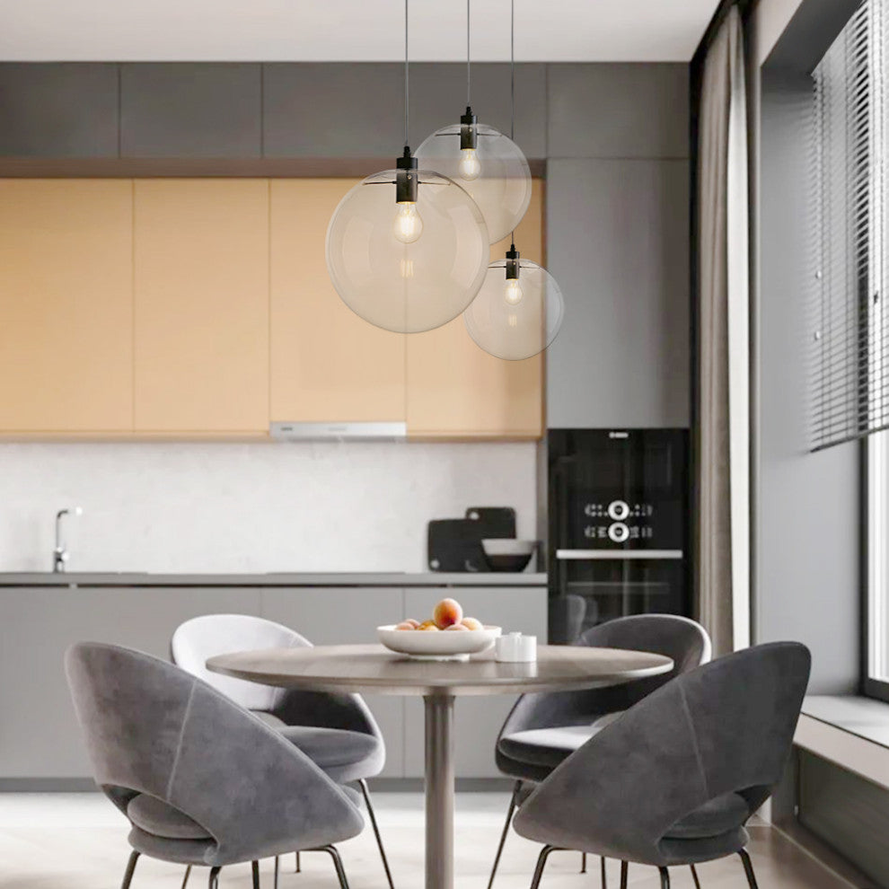 Modern Clear Glass Globe Pendant Light, 3 Light