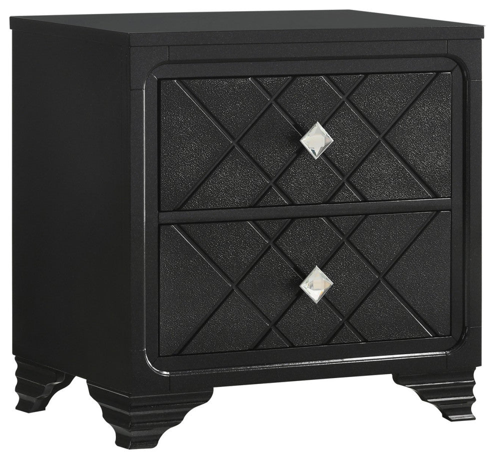 Benzara BM280366 Modern Glam Nightstand, 2 Drawers Diamond Shape Handles, Black
