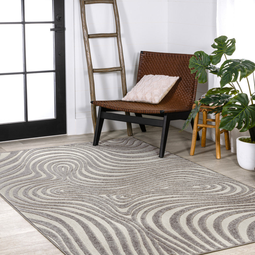 High-Low Groovy Striped Gray/Ivory 4 ft x 6 ft Indoor/Outdoor Area Rug