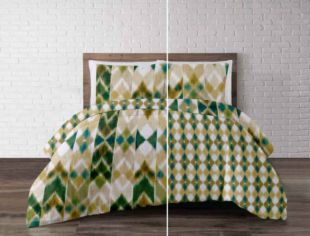 Delara GOTS Organic Cotton Aztec Reversible Print Duvet Cover Set, Queen(88"x92"
