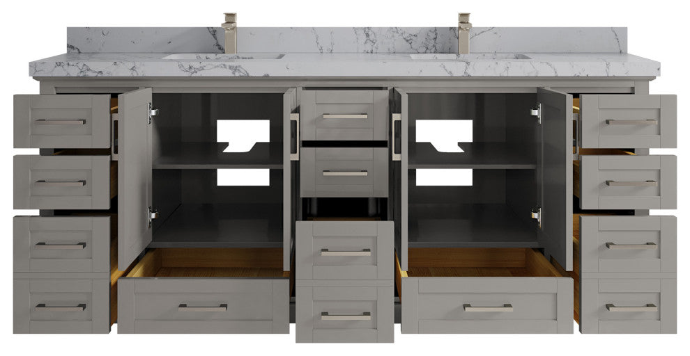 Boston 84 Double Sink Bath Vanity in Elephant Skin Gray 2" Venatino Quartz