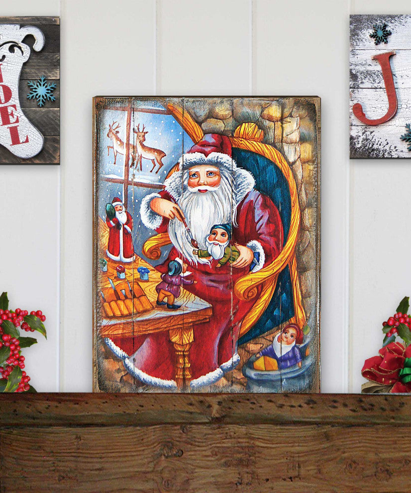 Christmas Workshop Santa Wooden Wall Art, Medium 18x12