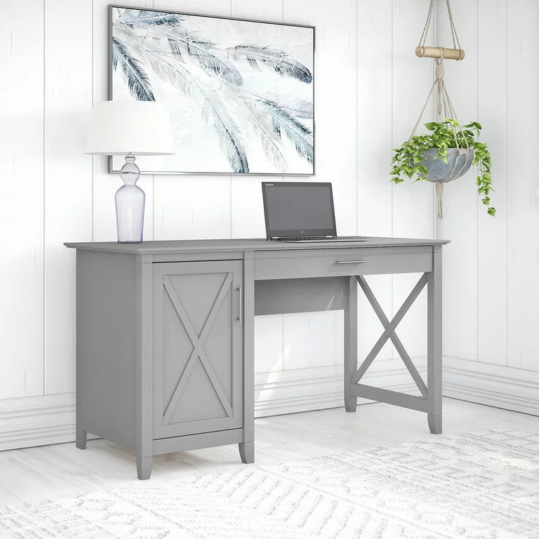 Farmhouse Desk, Wooden Frame With X-Accents & Spacious Cabinet, Cape Cod Gray