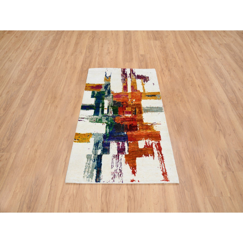 Colorful Modern Abstract Motifs Wool and Sari Silk Hand Knotted Rug, 3'0"x5'0"