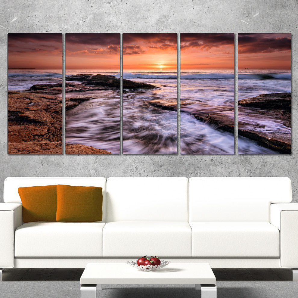 "Waves Hitting Rocky Beach Burgas Bay" Seascape Wall Art, 5 Panels, 60"x28"