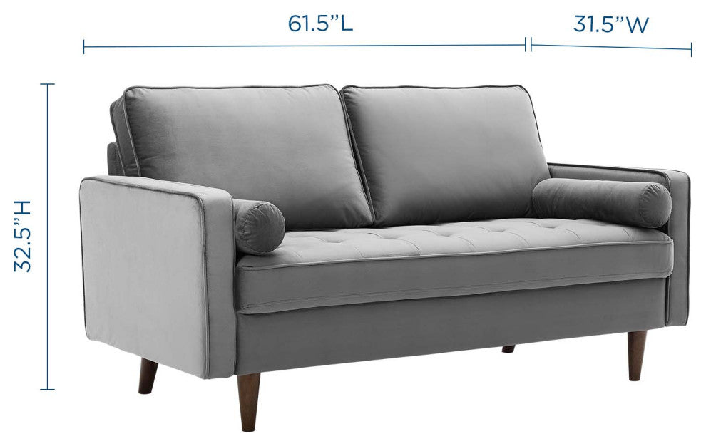 Loveseat Sofa, Velvet, Gray, Modern, Living Lounge Hotel Lobby Hospitality