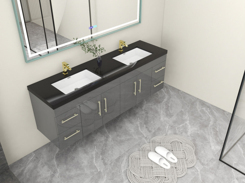 Rosa 72" Wall Mounted Modern Vanity, High Gloss Gray, Matt Black Top