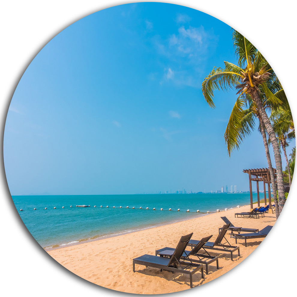 Blue Beach With Palm Trees, Seashore Photo Round Metal Wall Art, 11"