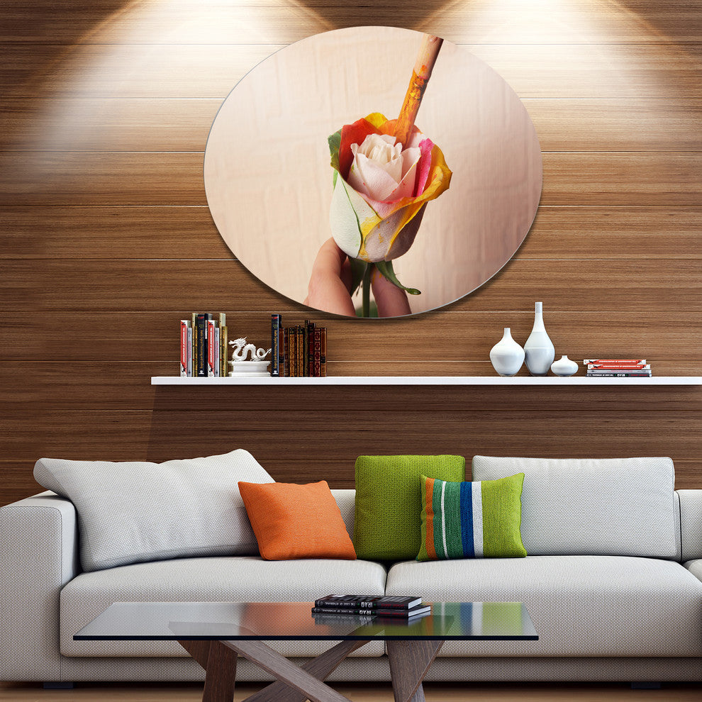 Person Painting Beautiful Rose, Modern Flower Disc Metal Artwork, 23"