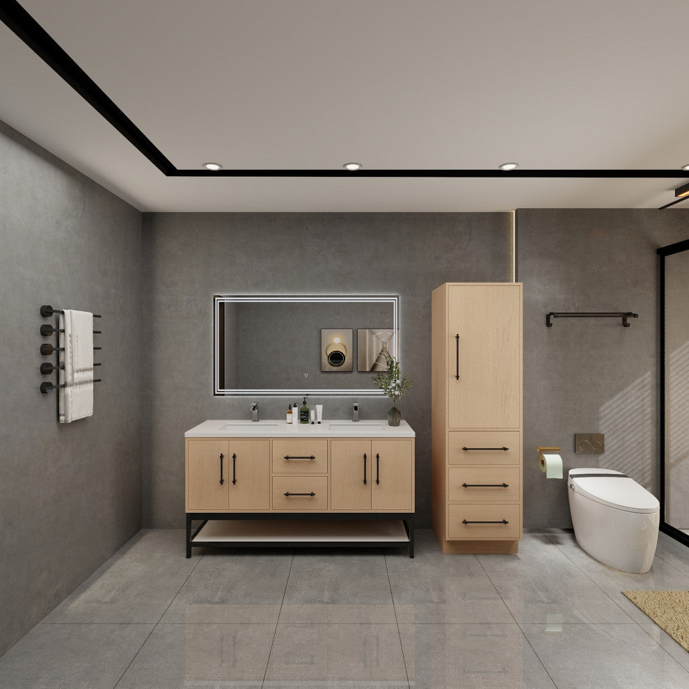 Victoria 60'' Solid Wood Open Shelf Bath Vanity Double Sink, Yellow Oak