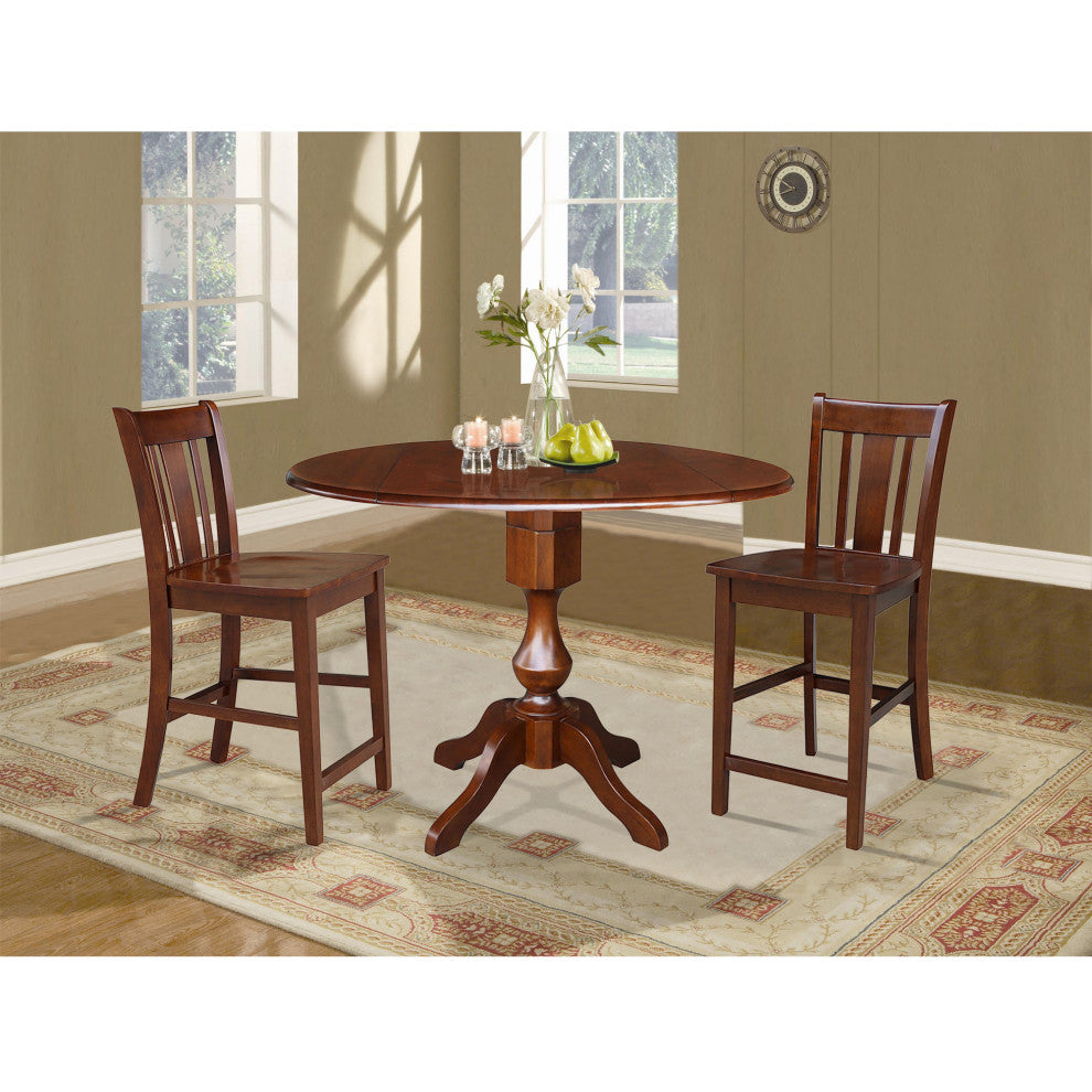 42" Round Pedestal Gathering Height Table with Two Counter Height Stools
