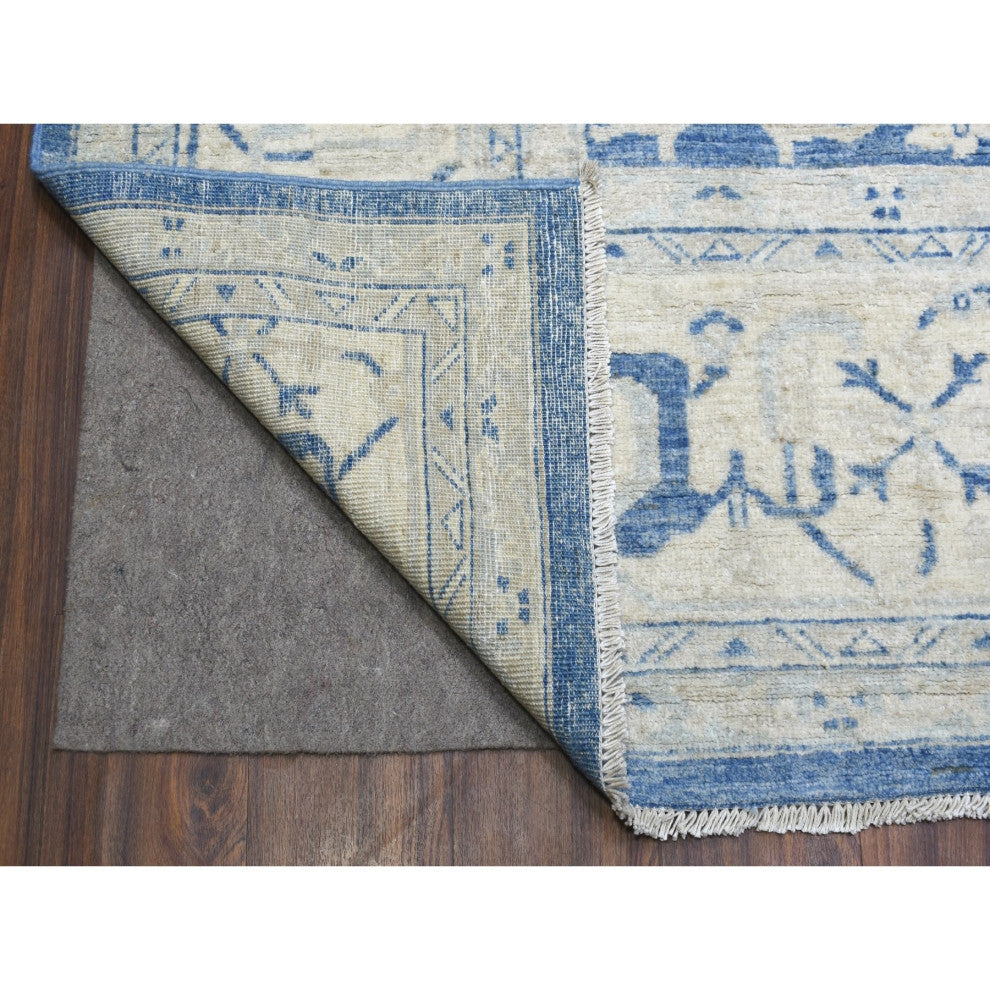 Denim Blue, Soft Wool Hand Knotted White Wash Peshawar, Rug, 9'8"x13'5"
