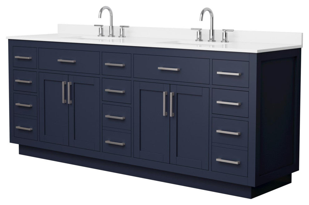 Beckett TK 84" Dark Blue Double Vanity, White Quartz Top, 3-Hole, Nickel Trim
