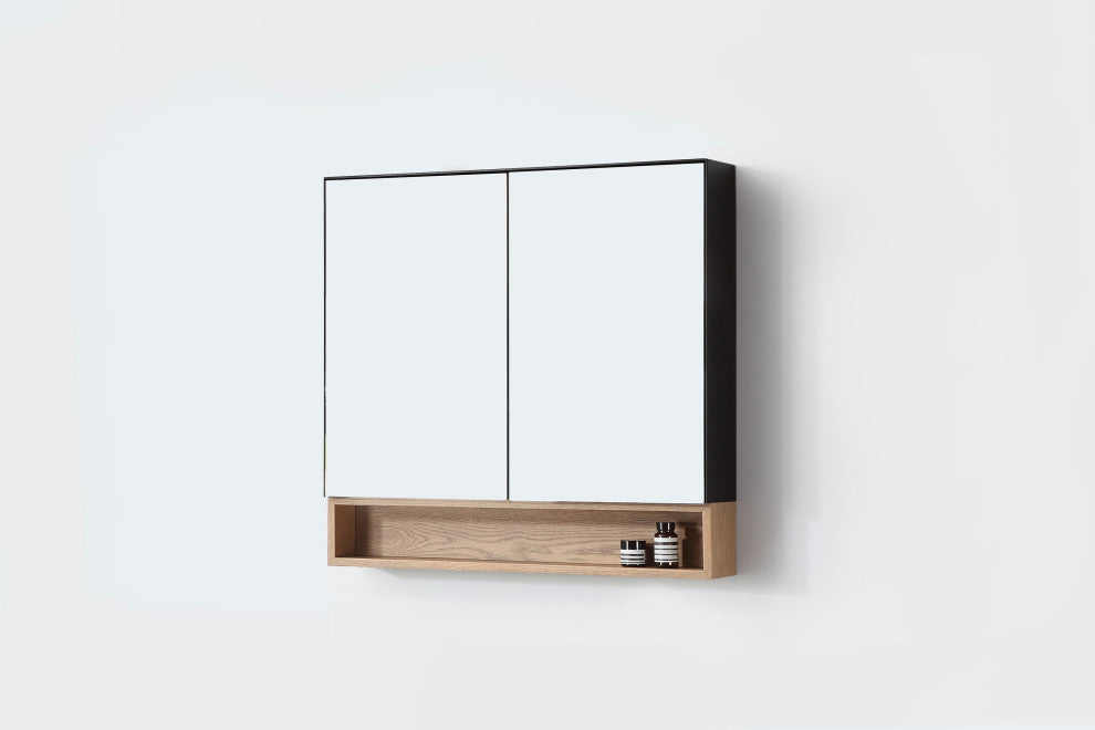 Bergen Modern Medicine Cabinet, Matte Black Frame, Pecan Oak Shelf, 36"