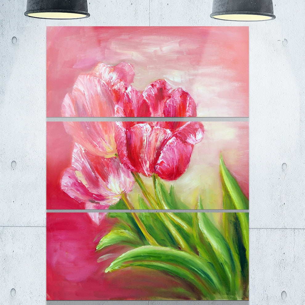 "Red Tulips in Red Background" Glossy Metal Wall Art, 3 Panels, 28"x36"