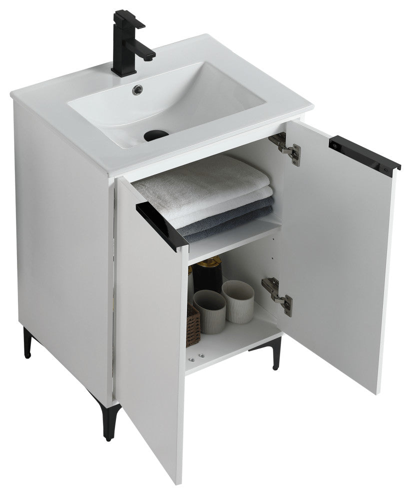Wilmington Bath Vanity, White Matte, 24 Inch, Black Hardware