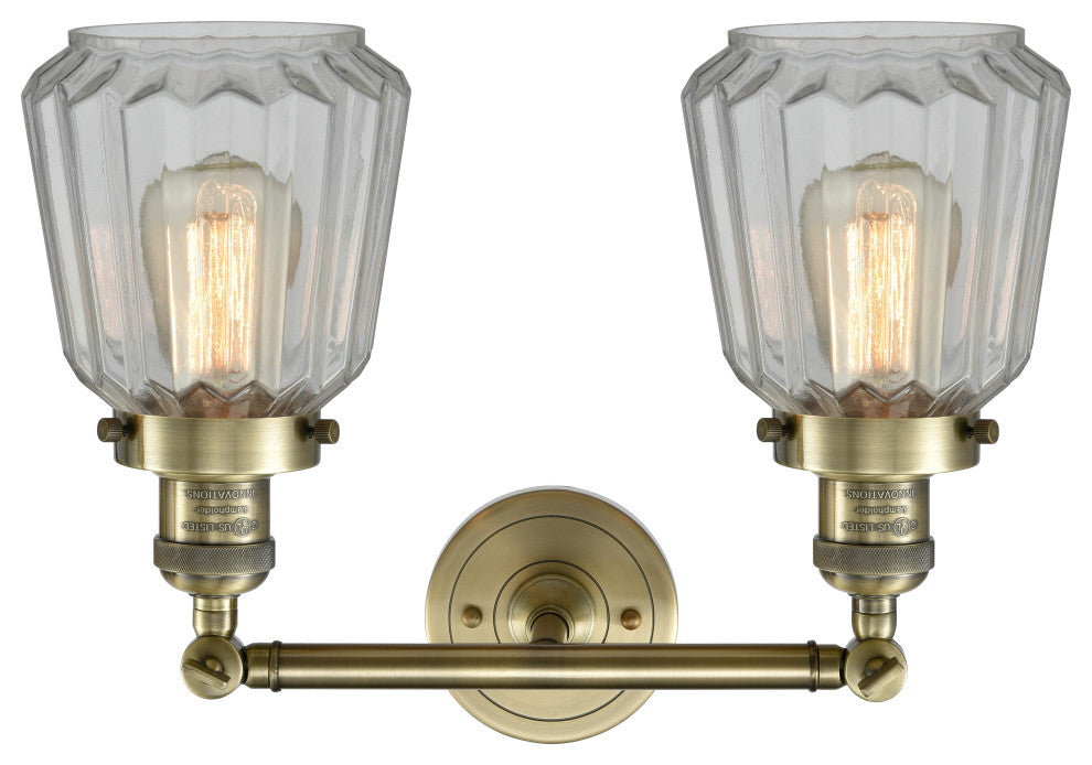 2-Light Chatham 16" Bath Fixture, Antique Brass, Glass: Clear