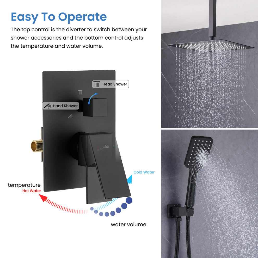 Ceiling Mounted 2-Function Shower System, Rough, Valve, Matte Black