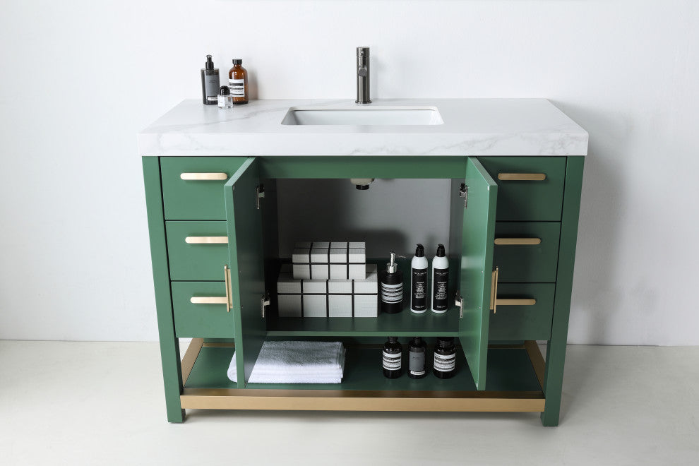 WINCHESTER Freestanding Modern Bathroom Vanity, Forest Green, 48", White Countertop