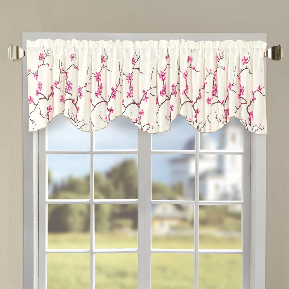 Cherry Blossom Embroidery Window Curtain Valance, Pink, 19" X 60"
