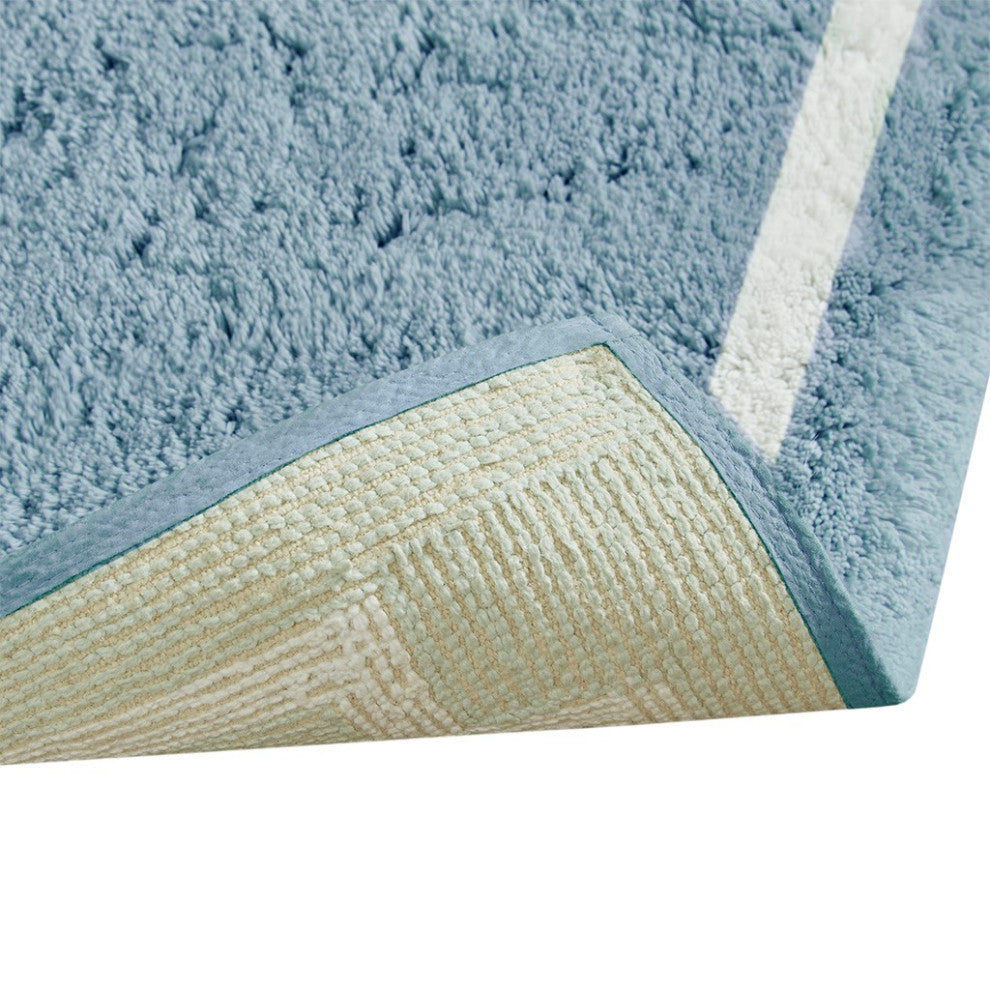 Madison Park Evan High Pile Bordered Bathroom Rug, Blue, Blue, Runner
