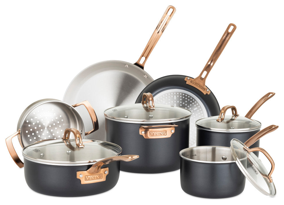 3-Ply 11-Piece Cookware Set, Black With Copper PVD Handle