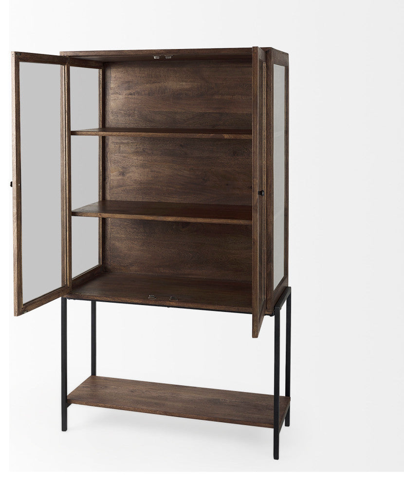 Arelius Medium Brown Solid Wood w/Black Metal Base Display Cabinet