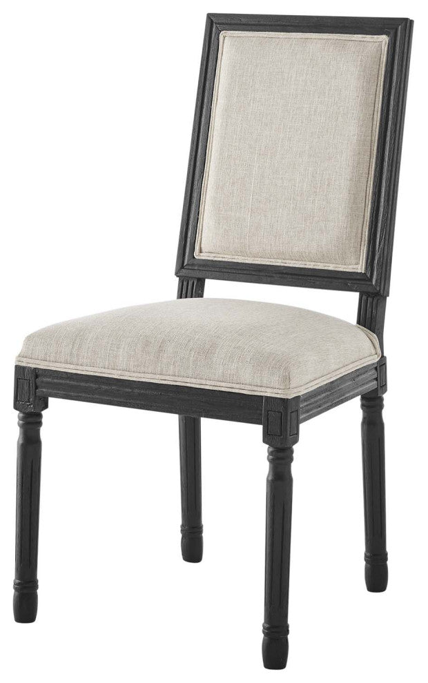 French Vintage Side Dining Chair, Fabric, Wood, Black Beige, Modern, Cafe Bistro