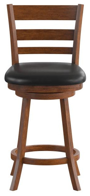 Zerrick Ladderback Swivel Counter Height Barstool with Padded Seat, Black Vinyl/Antique Oak Frame