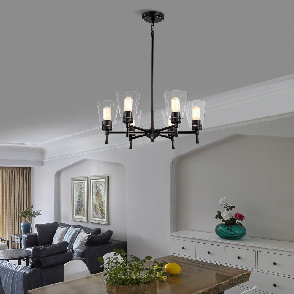 6-Light Matte Black Modern Chandelier With Clear Cone Glass Shades