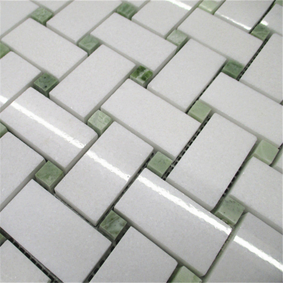 Thassos White Marble 1x2 Basketweave Mosaic Tile / Green Dots Polished, 1 sheet