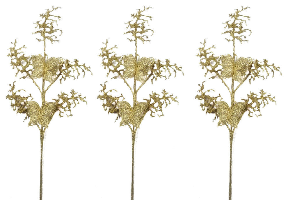 3 Pieces 30" Glitter Coral and Butterfly Christmas Spray, Gold