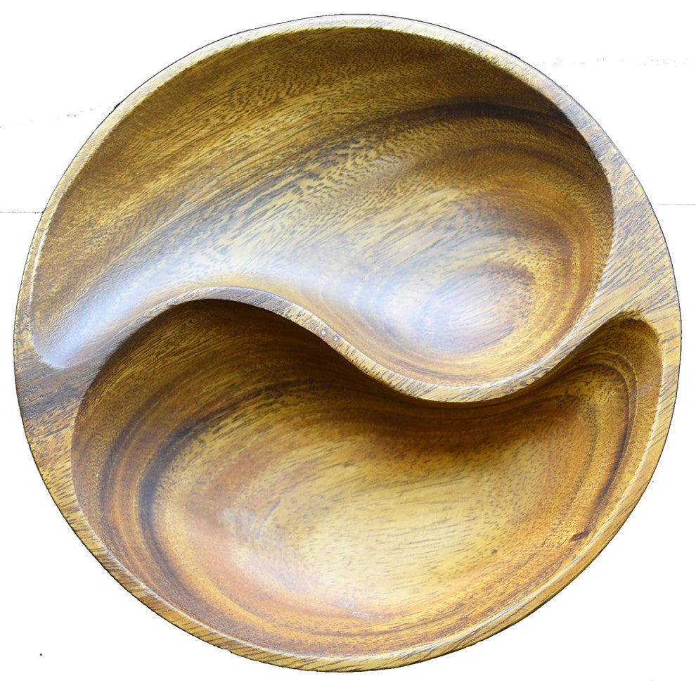 Pacific Merchants Acacia Wood 2-Compartment Yin Yang Bowl, 8" x 8" x 2"