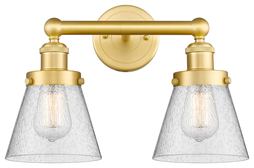 Edison Small Cone 2-Light 16" Bath Vanity Light, Satin Gold Finish, Seedy Shade