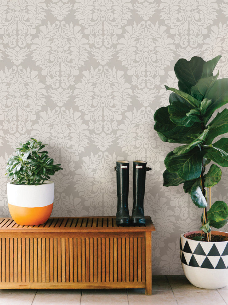 Classic Damask Peel and Stick Vinyl Wallpaper, Beige on Gray, 24"w X 60"h
