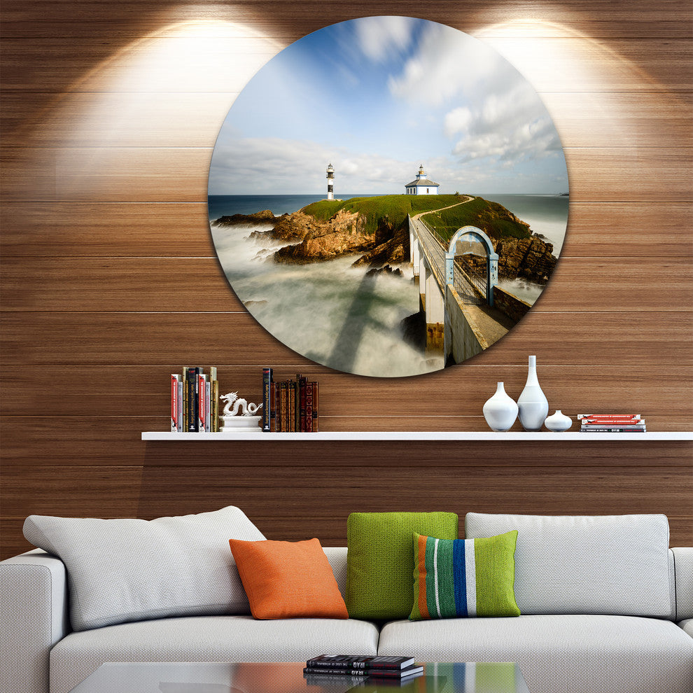 Cloudy Illa Pancha Lighthouse, Seashore Photo Round Wall Art, 11"