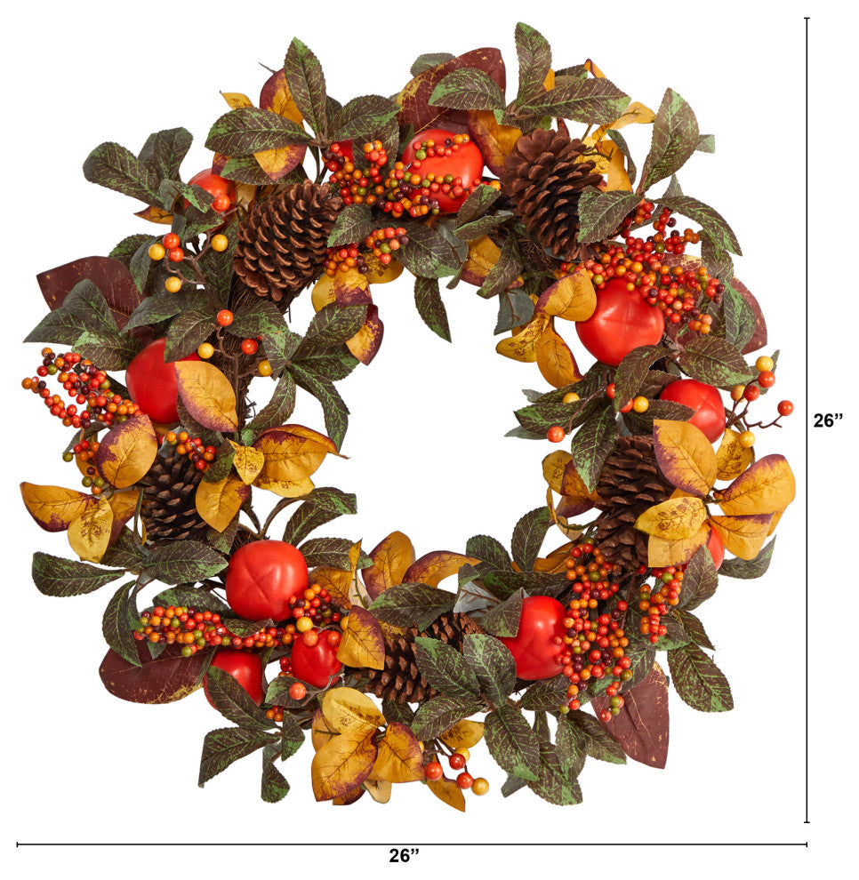 Nearly Natural W1181 26 Autumn Persimmon and Pinecones Artificial Fall Wreath