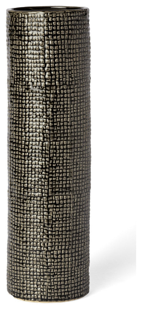 15" Black and Gold Check Tall Ceramic Vase