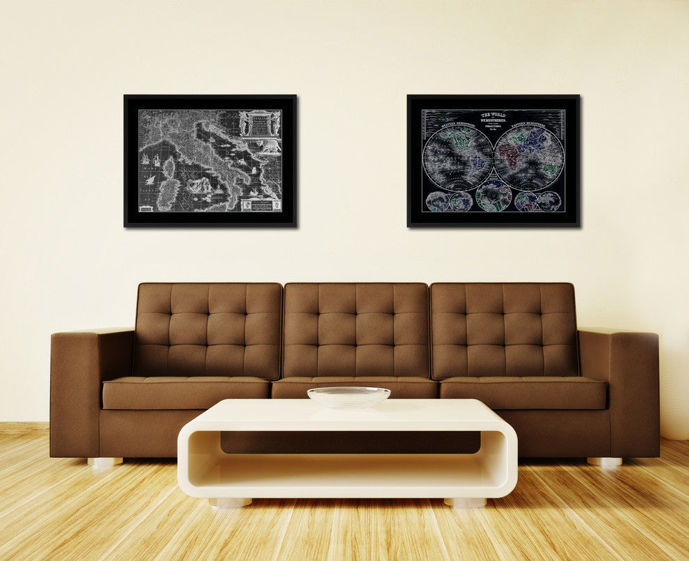 Italy Vintage Monochrome Map Print On Canvas With Black Custom Frame, 16" X 21"
