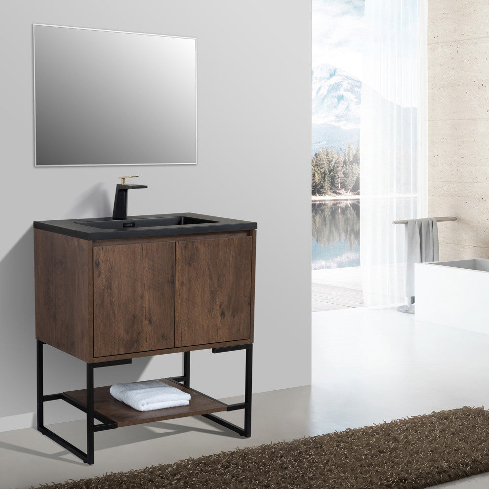 Freestanding Bath Vanity Set, Rose Wood, Integrated Solid Surface Sink, 30"