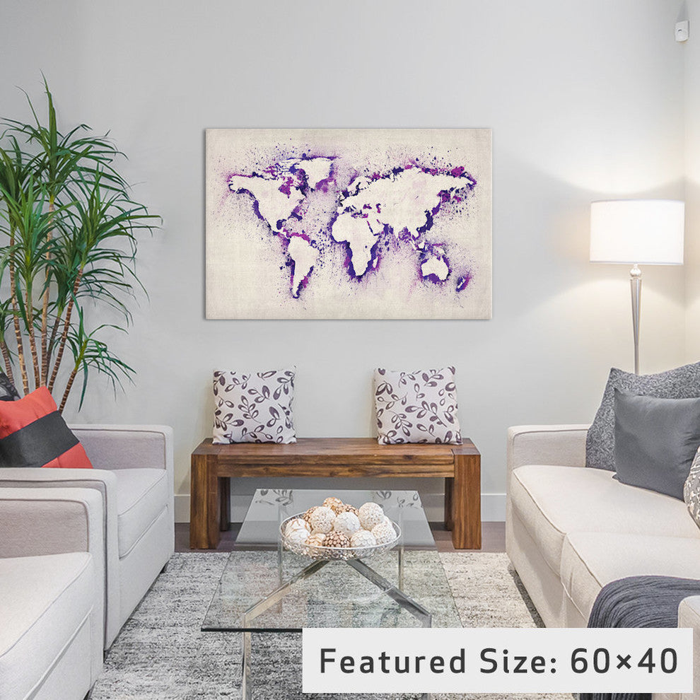 "Map Of The World, Purple Paint Splashes" Wrapped Canvas Print, 26x18x1.5